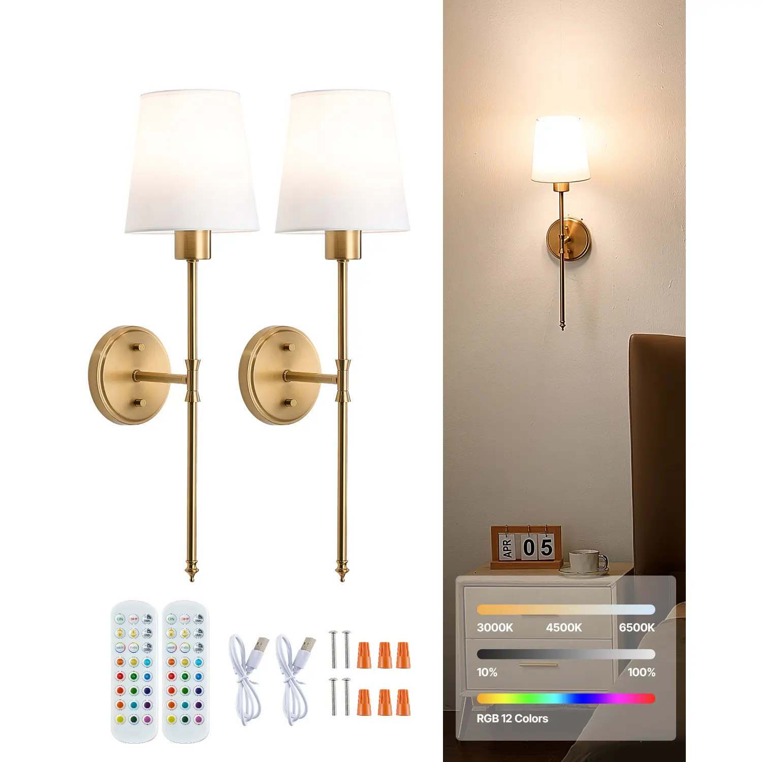【DealsForYouDays】VEVOR Battery Operated Wall Sconce Set of 2 4000mAh Rechargeable Wireless Wall Lights with Remote Control 30 Lighting Modes 12 RGB Colors & Timer Dimmable Wall Lamp for Living Room Bedroom Hallway