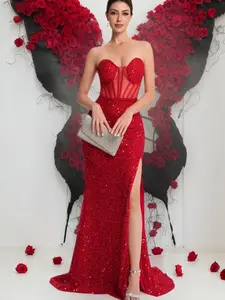 Women's Elegant Waist-Tied Evening Dress, Party Event Gown, Sleeveless Contrast Sequin Design, Long Plain Style, All Seasons