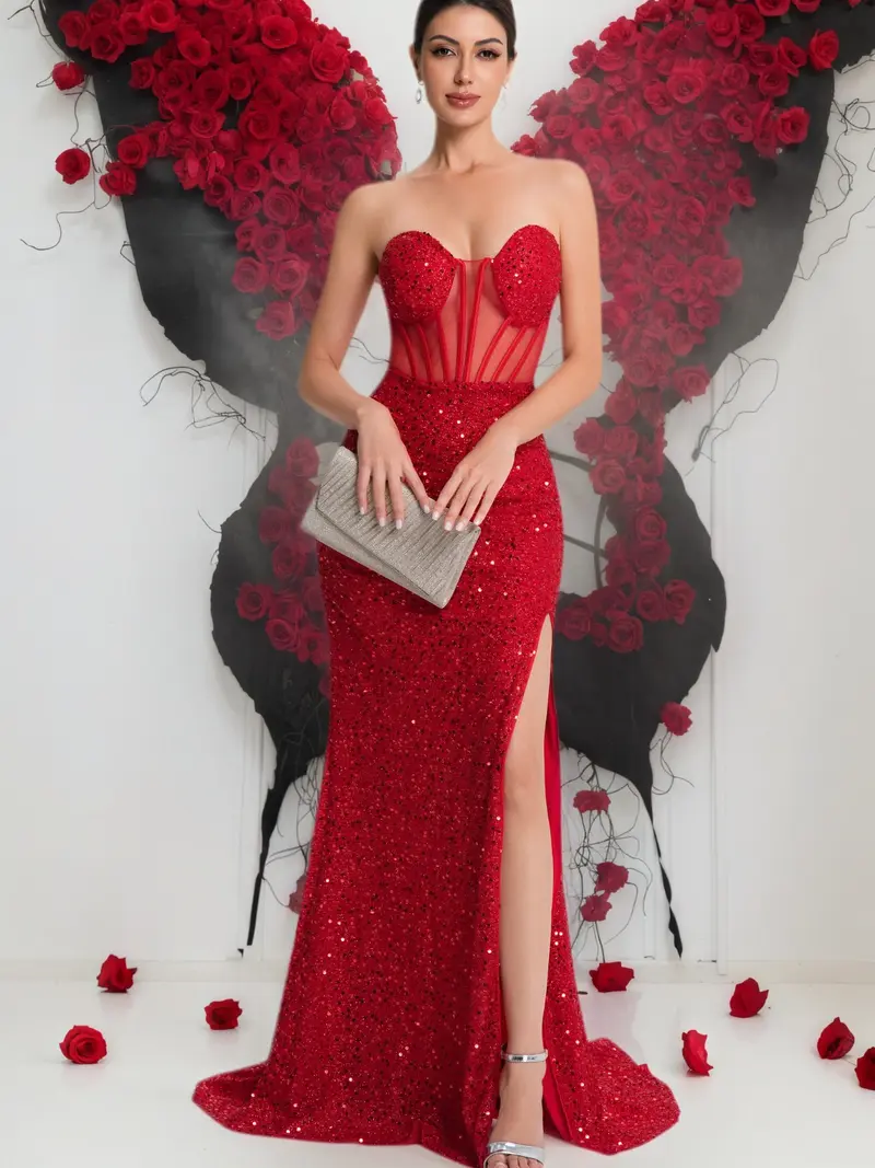 open lace back dress Red Sequin Dress: Women's Christmas Outfits