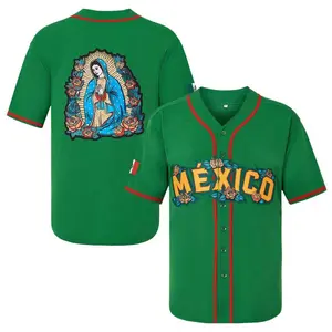 V-Neck Mexico Guadalupe Embroidered Baseball Jersey,Men's Gift,Button Short Sleeve Sports Jersey,Loose Breathable Soft Comfort,Gift for Game Day