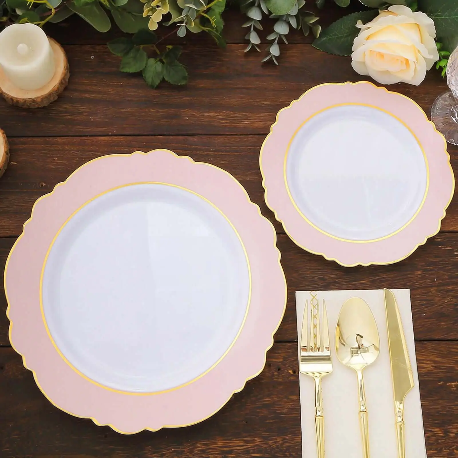 Disposable Plates Set - 10-Pack 10in Round Fancy Plastic Elegant Plates, White with Blush Blossom Design & Gold Border, Wedding Party Home Festive Disposable Tableware Supplies