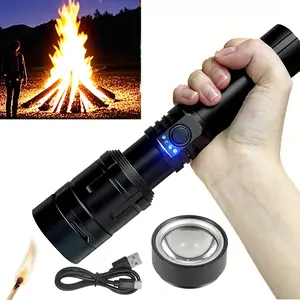 Rechargeable camping flashlight, ultra-bright LED lamp, suitable for hiking, water-resistant, multi-mode outdoor equipment, equipped with a lens for lighting matches, all-aluminum body resistant to drops and pressure