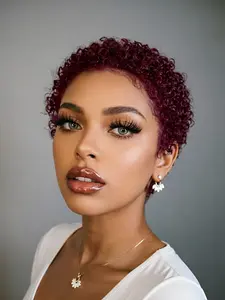 pixie wig daily party cosplay gift usewig99j burgundy color short  afro curly human hair wig machine made pixie cut human hair wigs for women Glueless Wig