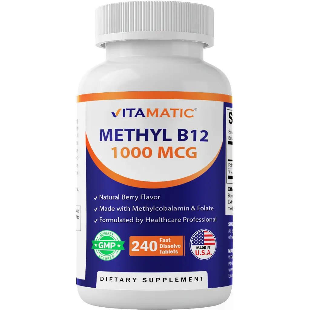 Vitamatic Methyl B12 1000 mcg Dietary Supplement - 240 Fast-Dissolve Berry Flavor Tabs, Water-Soluble, Sugar-Free, Low-Sugar, L-Methylfolate, Lactose-Free, GMP Certified, Made in USA, Energy Boost, Body & Brain Health Support