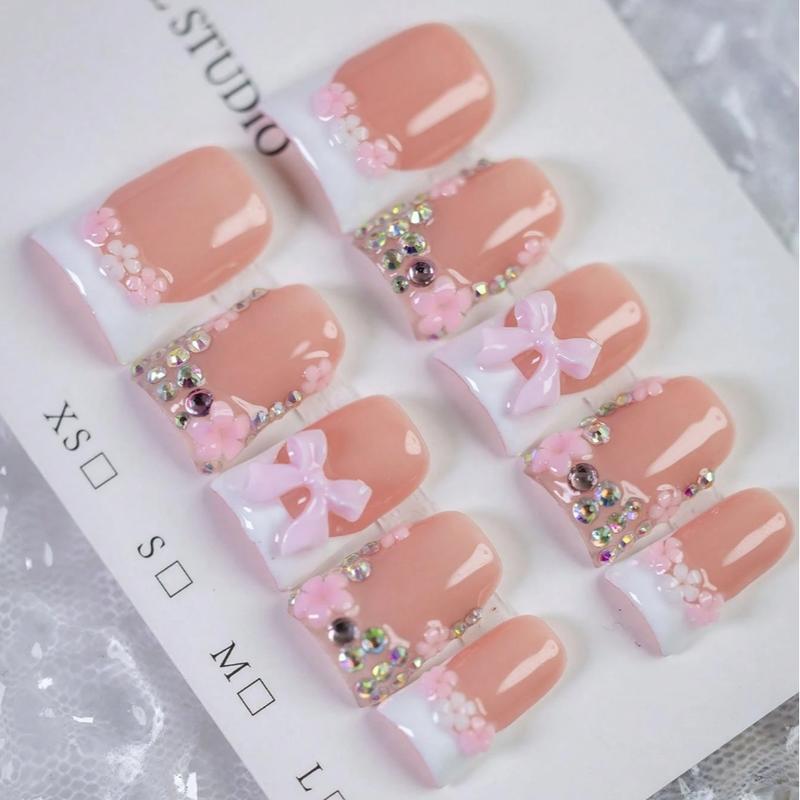 10pcs Y2K Pink And White French Press On Nails, Handmade Floral Short Duckbill Fake Nails, Stylish Acrylic Nails, Pink Bow Design, Pink And White Small Flower Decoration, Rhinestone Embellishment Nail Art, Suitable For Daily, Work, And Holiday Wear