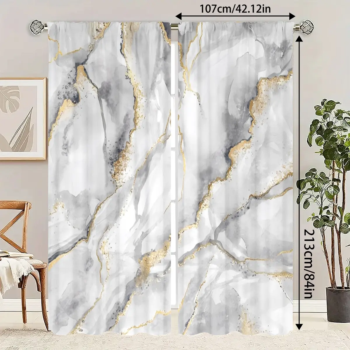 2pcs Platinum Marble Pattern High-Definition Digital Print Decorative Curtains, Home Decoration Curtain, Window Curtains, Window Drapes, Polyester Material, Semi-Transparent Privacy Protection