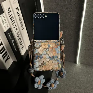 Korean Luxury Retro Blue Flower Rope Phone Case for Samsung Galaxy Flip7 flip7 Zflip6 5 Zflip5 flip6 flip5 Shockproof Back Cover