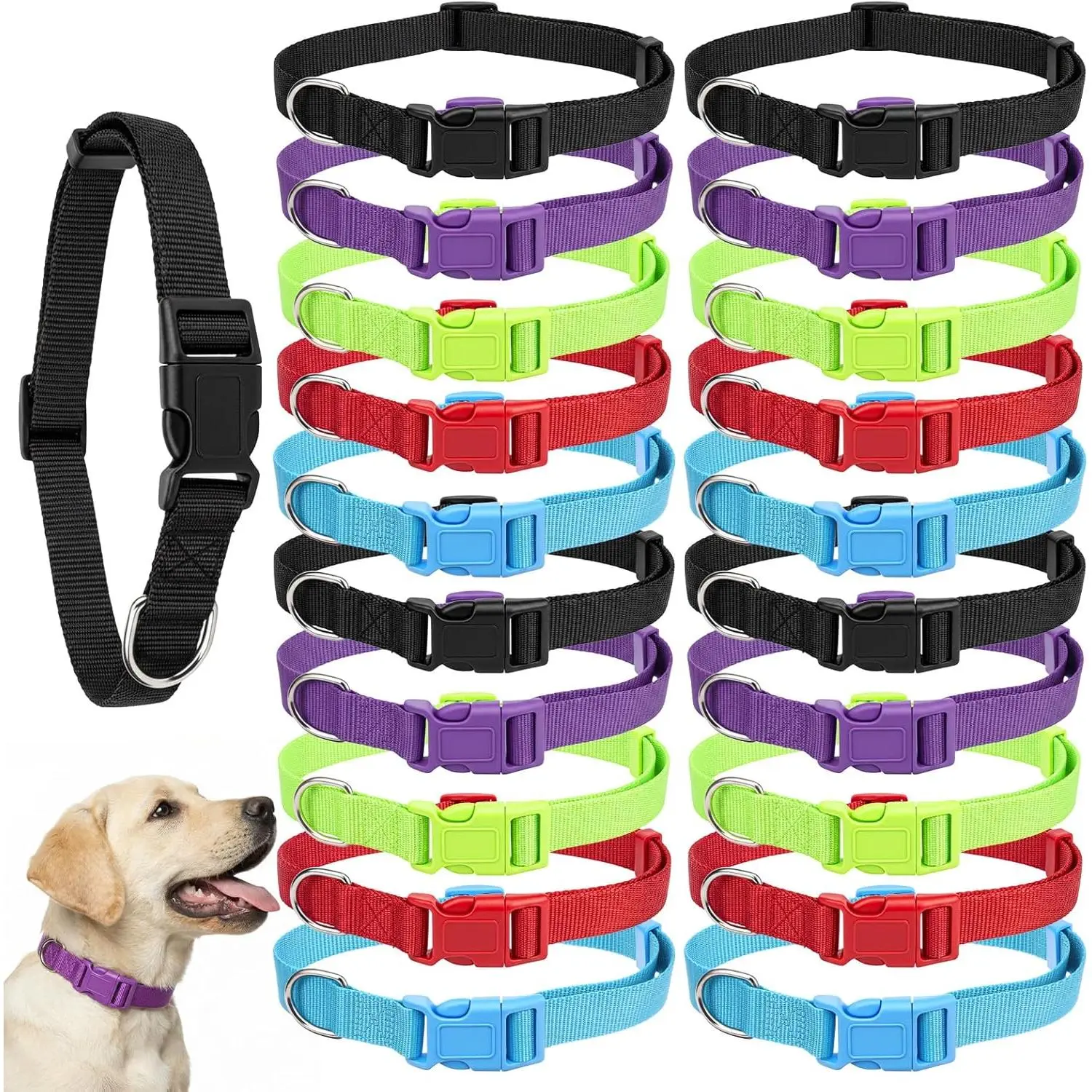20-Piece Bulk Assorted Soft Padding Nylon Plastic Dog Collars - Adjustable, Quick Release Buckle, 0.98in Width, 15.8-23.62in Length - Non-Customized for Medium-Large Dogs, Friends, Neighbors, Daily Use