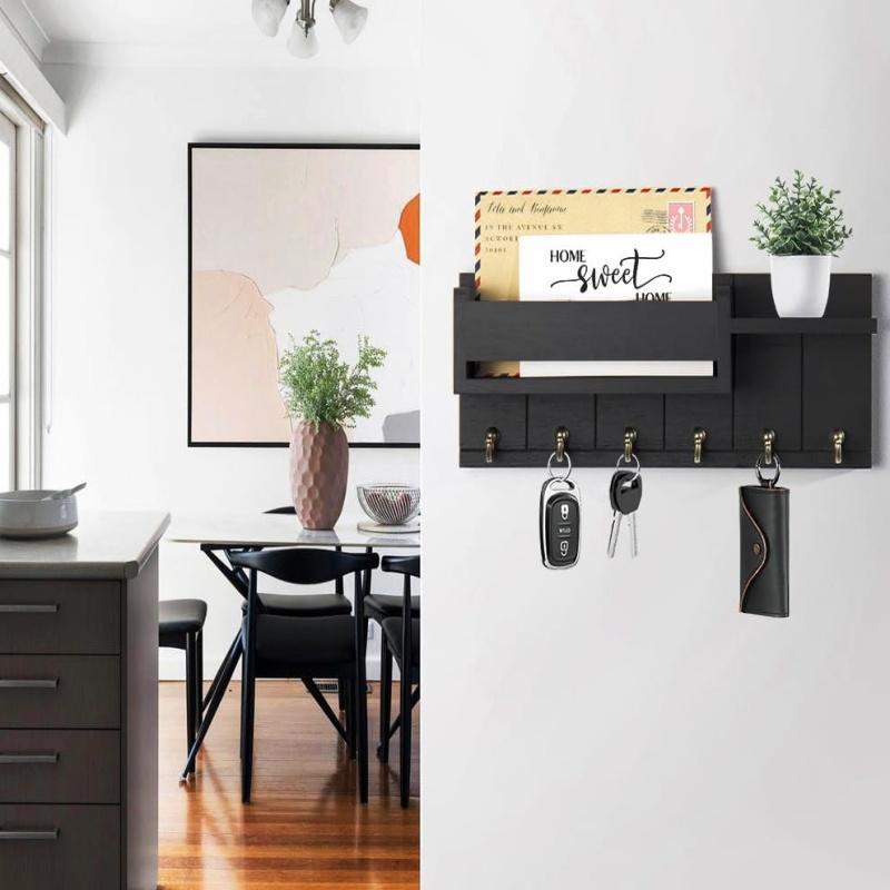 Wooden Wall Mounted Key Organizer - 6 Hooks with Small Shelf | Mail Sorter & Entryway Storage | Living Room/Entrance Decor | Home Organizing Essential | Wall Mountable