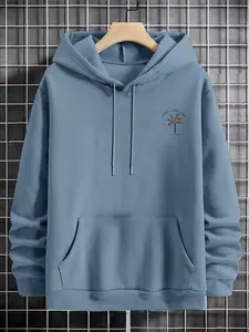 Men's Tree & Letter Print Drop Shoulder Hoodie, Regular Fit Fashion Casual Drawstring Pocket Hooded Sweatshirt for Daily Holiday Outdoor Wear, Men Clothes for Fall & Winter