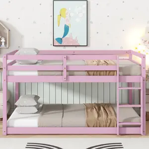 Solid Wooden, Solid Rubber Wooden Twin over Twin Floor Bunk Bed with Ladder, with Bed Platform of Strengthened Slats , Pink
