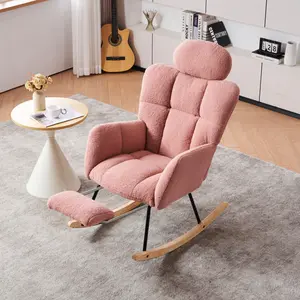 Rocking Chair Nursery, Teddy Glider Rocker with Adjustable Headrest and Footrest, Upholstered Rocker Recliner Chair for Living Rooms Bedrooms Offices, Teddy Pink