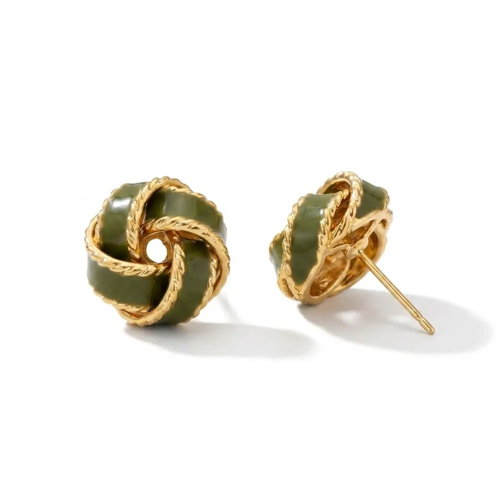 Women's Chic Olive Green Knot Stud Earrings - 14K Gold-Plated Twisted Rope Edge Geometric Design, 925 Silver Needle Retro Elegant Costume Jewelry