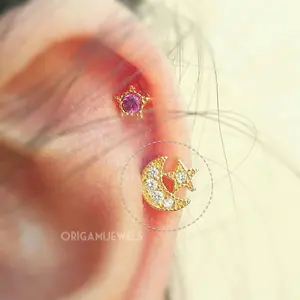 Stone Pave Moon Tragus Earrings • Whimsigoth Star Cartilage Labret • Tragus Threadless • Conch Celestial Piercing • Dainty Rose Gold Stud