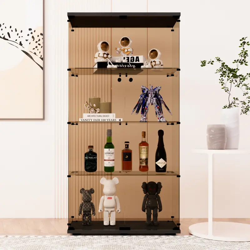 Two-door  Tawny  Glass Display Cabinet 4 Shelves with Door, Floor Standing Curio Bookshelf for Living Room Bedroom Office,  64.7"*31.7"*14.3",Black