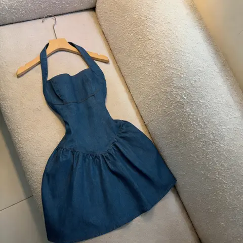 Crop Top Slim-Fit Solid Color Suit, Retro American Sweet & Spicy Style, Backless Design, A-Line Hem, Perfect for Dates & Parties