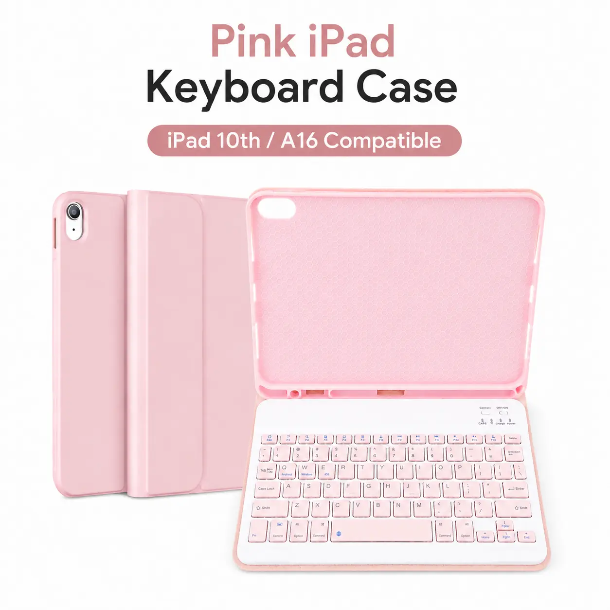 Keyboard Case for iPad 11th/10th Generation, Detachable Bluetooth Keyboard Case for iPad A16 2025 11 inch / 10.9 inch 2022, with Pencil Holder, Square Keycaps, Pink (iPad Not Included) Gift