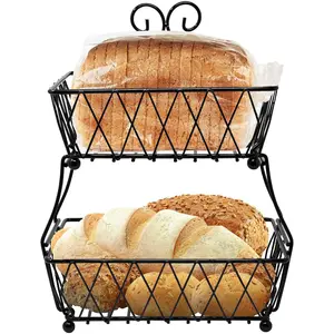 2-Tier Wire Breadbasket Stand for Kitchen Countertops or Buffet - Antique Style Home Organizer for Fruit, Bread and Snacks