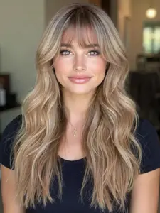 24 Inch Ombre Long Curly Wig with Bangs, Synthetic Hair for All Ages, Elegant Women's Wig, Comfortable and Natural Look, Natural Looking Wigs