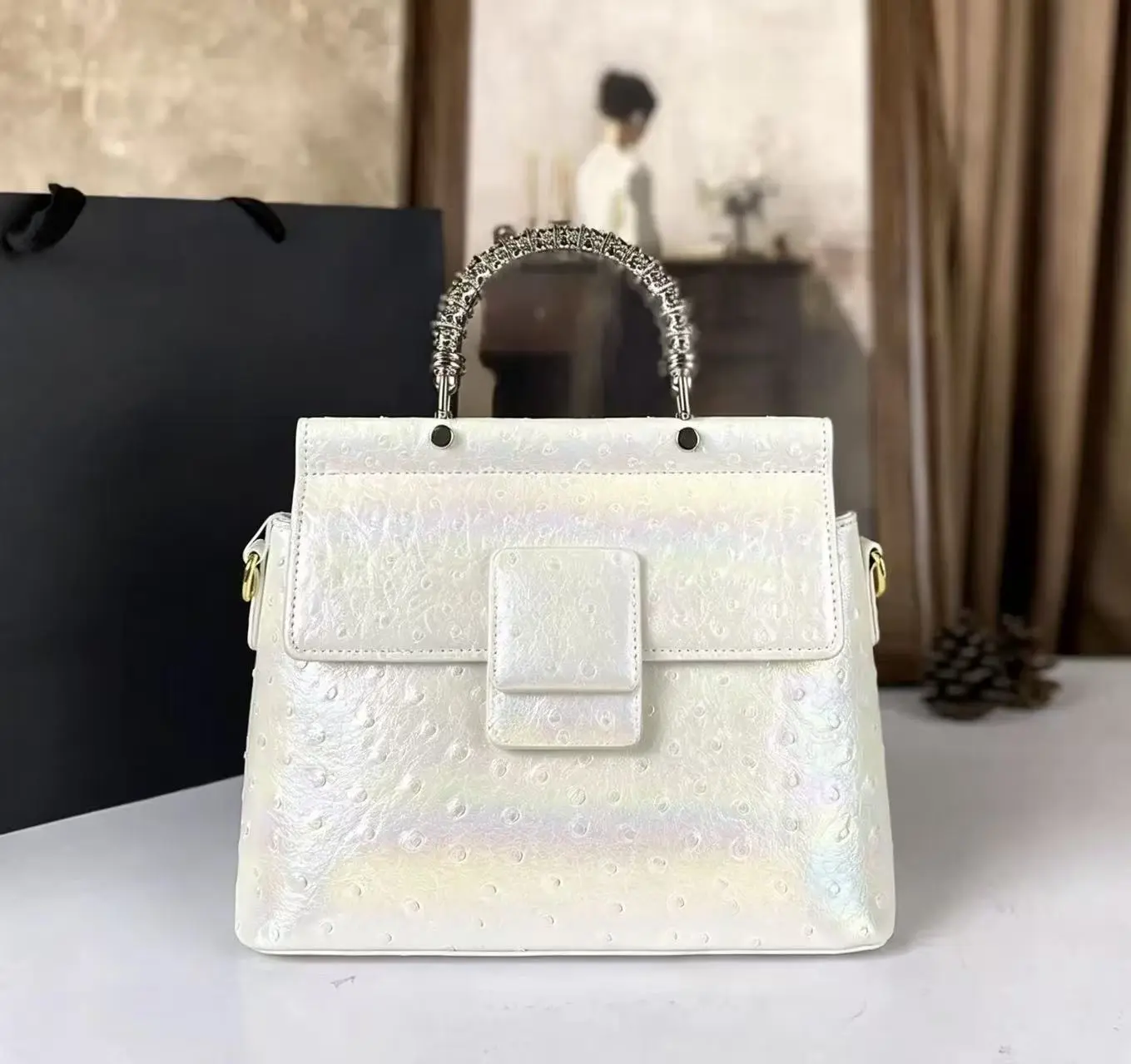 H368-Elegant White Ostrich-Textured Handbag with Rhinestone-Adorned Handle and Gold-Tone Hardware