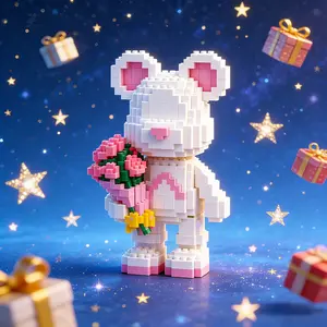Rose Bear 3D Puzzle Building Blocks Decoration, Building Block Model, Bookshelf Home Office Cabinet Decor, Party Living Room TV Stand Display, Ideal Gift