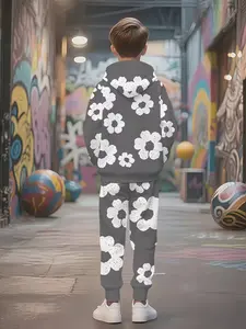 Boys' Geometric Pattern Fitted Casual Set, Perfect for Outdoor Activities, All-Season Wear, Stylish Boyswear, Sweatshirts, Hoodies