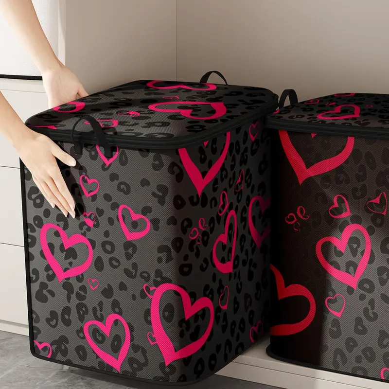 Random Heart Pattern Clothes Storage Bag, Space Saving Bag, Large Capacity Clothes Storage Box, Collapsible Clothes Organizer, Clothes Organiser for Home Bedroom, Organizational Zipper Storage, Fabric Storage Organizer, Storage Pouch