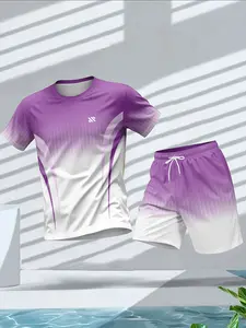 Men's Summer Sporty Two-Piece, Casual Gym Wear, Workout Summer Clothes, Orange-White Gradient Arrow Print Loose Short Sleeve Shorts Set