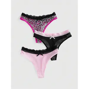 J-Fashion 3pcs/Pack Y2K Goth Girl Leopard Mesh & Lace Panel Thong Panties For Women