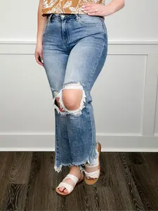 Risen Kristi High-Rise Straight Leg Cropped Jeans - Medium Wash Distressed Denim Fashion for Women Bottom Womenswear