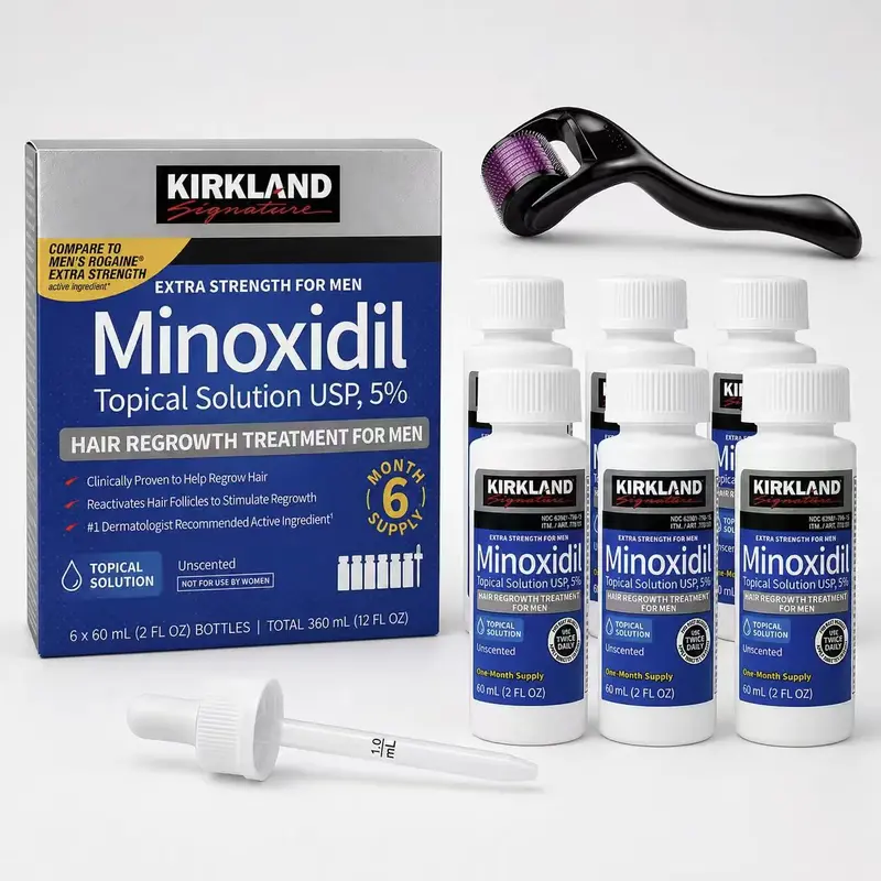 Kirkland 5% Minoxidil Liquid Hair Growth Scalp Drops Kit for Men - Haircare Thickening Hair Products, Daily Topical Serum with Precision Dropper, Scalp Revitalizing Grooming Solution
