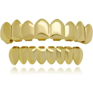 8 Teeth Grillz 14k Gold Top and Bottom Grills Set Shiny Hip Hop Teeth Grillz + Extra Molding Bars for Halloween Costume Cosplay