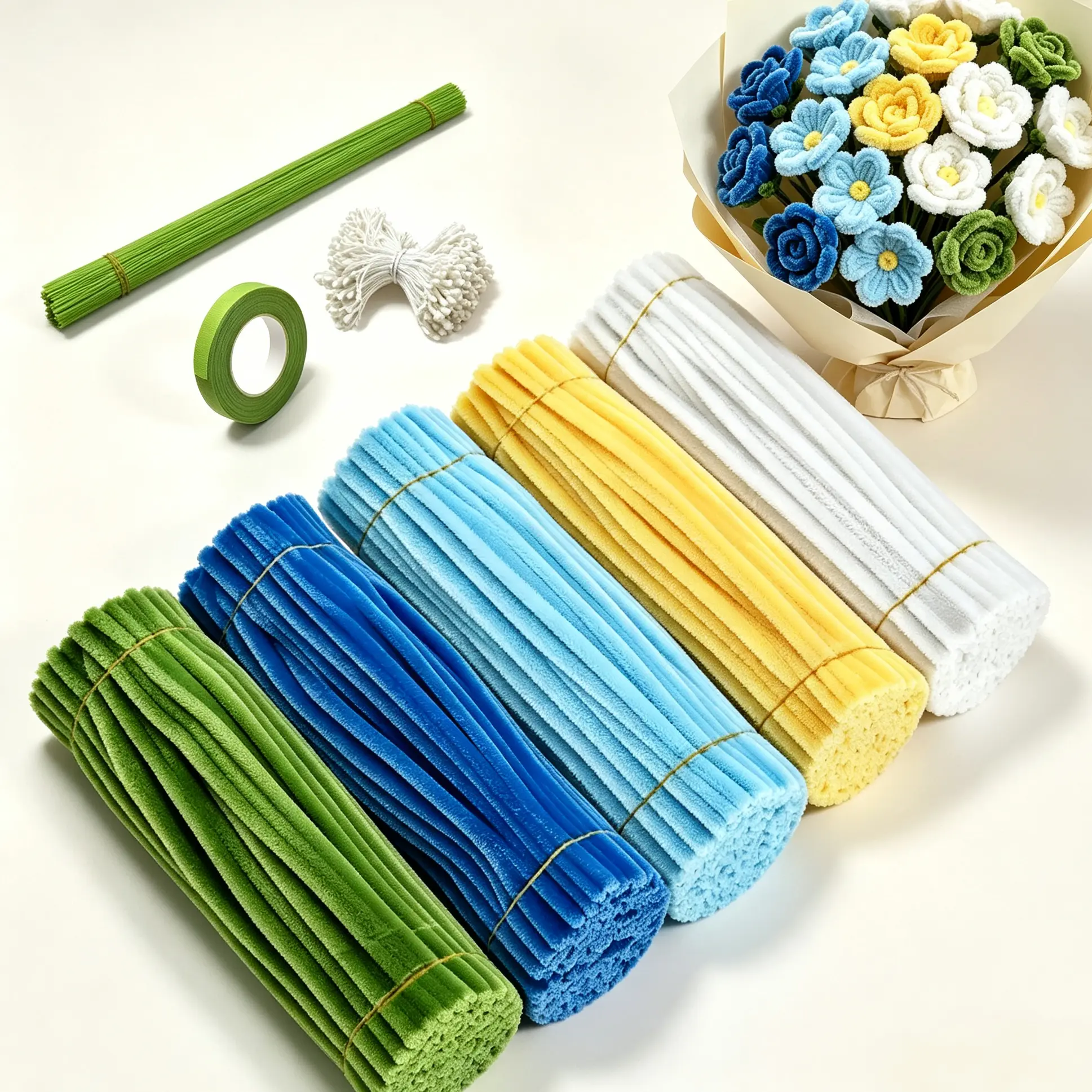 541pcs Flower pipe cleaners kit,diy flower decor,chenille, The set includes artificial flower stamens and pipe cleaners in blue, yellow, white, and green. ,thick color pipe cleaner,plush DIY pipe cleaner craft pack, school project