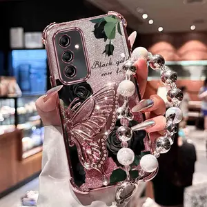 Popular White Luxury Jewelry Lanyard Strap Lanyard Phone Holder Case For Compatible With Samsung Galaxy A15 A13 A14 A16 4G 5G Transparent Glitter Shiny Cover and Protective Durable Black Rose Protector Cases