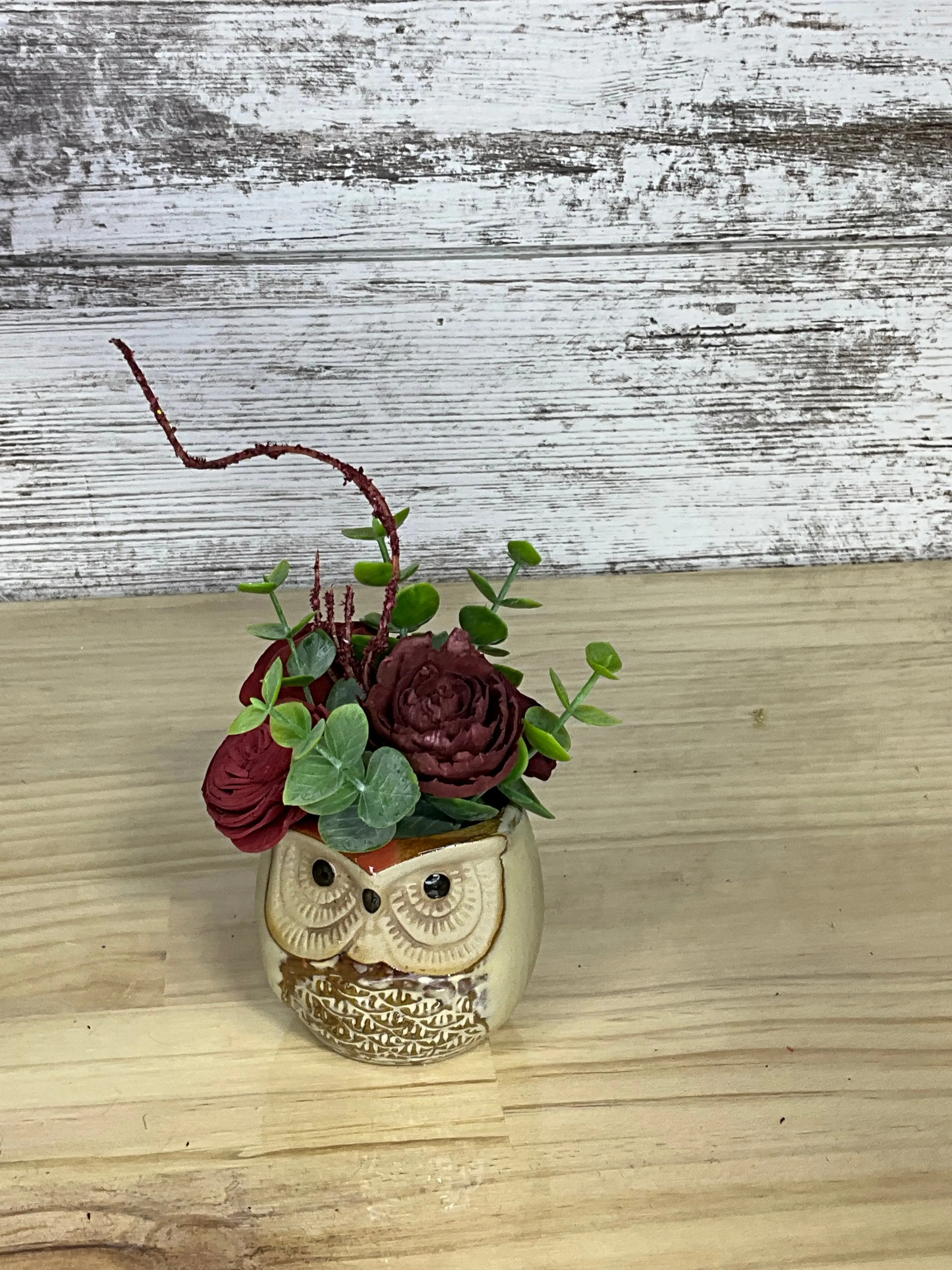 Burgundy Rose & Twisted Branch Sola Wood Arrangement in Gold Ceramic Owl Wood Branch Flower Pot, Wood Branch Flower Pots