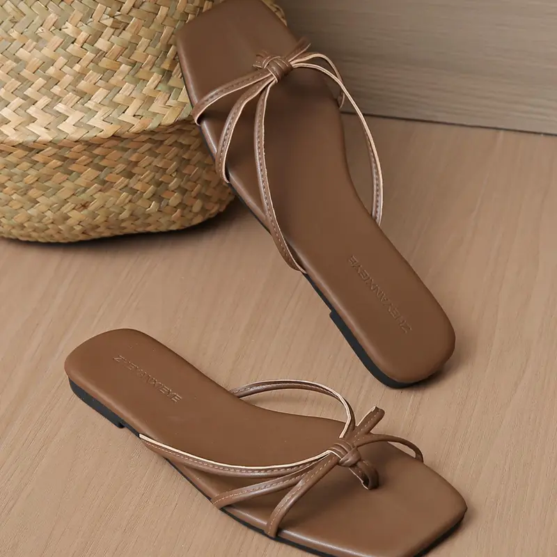 Women's Fashionable Solid Color Flat Slide Sandals, Dressy Flat Sandals, Casual Comfortable Home Slippers, Lightweight Breathable Slides for Indoor & Outdoor Wear, Walking Shoes, Casual Trendy Sandals, Casual Summer Footwear, PU Leather Slides