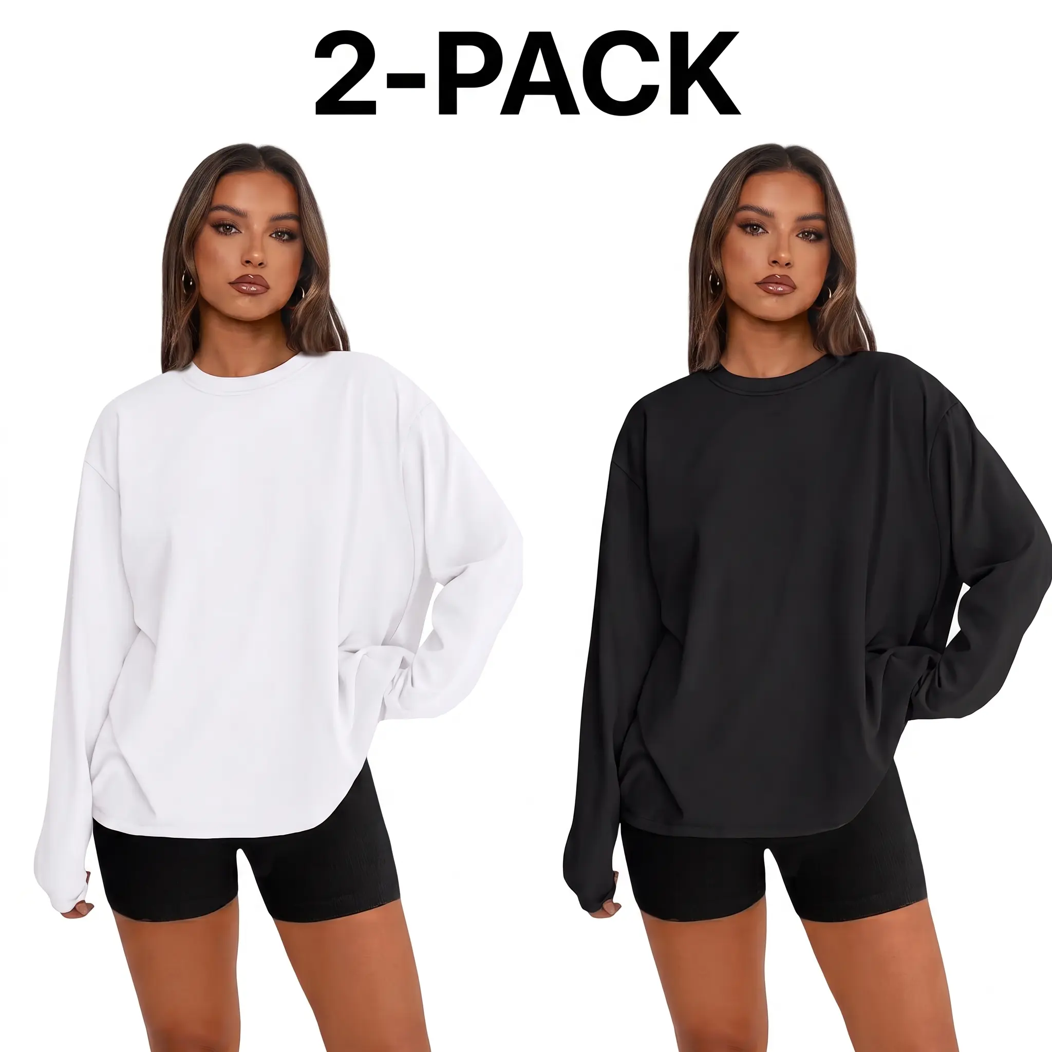 Women's 2-Pack Cotton Oversized Crew Neck Long Sleeve Casual Loose Basic Daily Wear Shirts