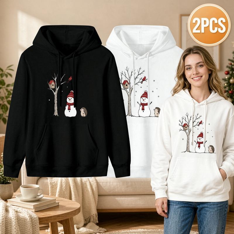 Women's 2-Pack Cute Snowman Hedgehog Winter Hoodies with Pockets - Cozy Christmas Graphic Pullover, Soft Cottagecore Casual Fitted Tops for Women, Ugly Sweater Alternative Loungewear Gift