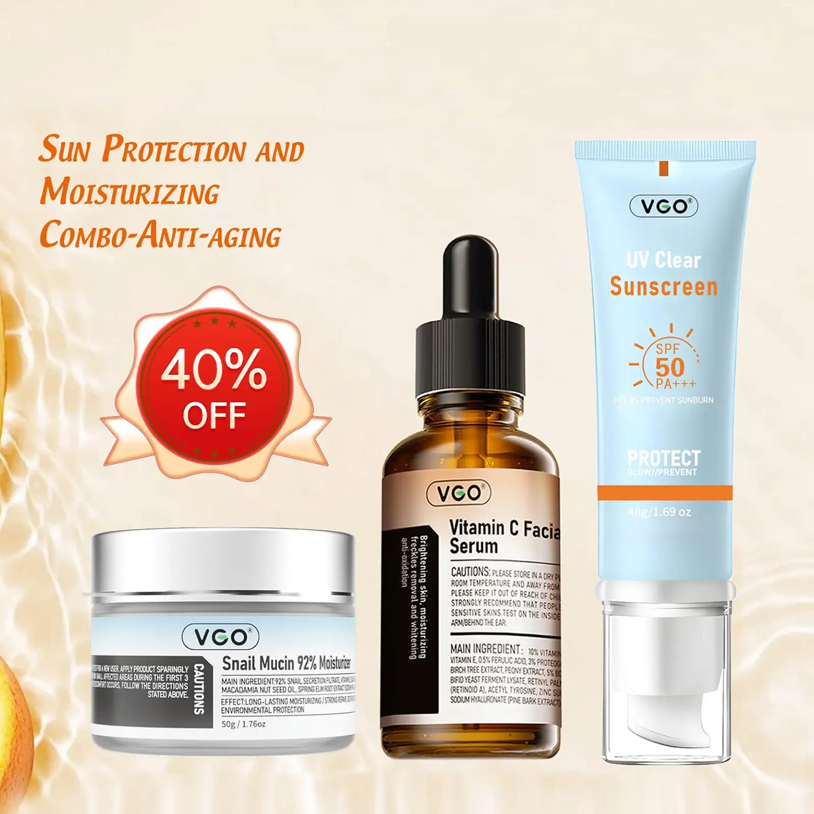 VGO Hydrating Skincare Kit - Moisturizing Facial Cream, Sunscreen Face & VC Serum for Glowing Skin - Daily Moisture, Radiance Boost