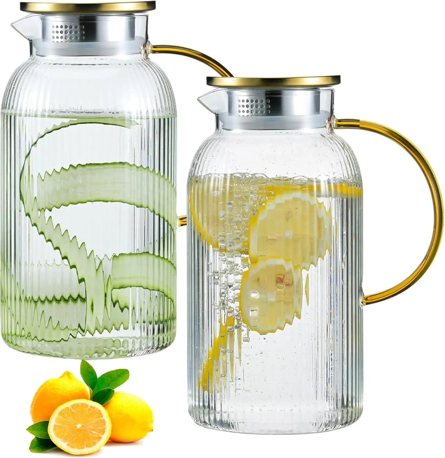 2-PACK Vintage Borosilicate Glass Pitcher with Silicone Lid, Stainless Steel Handle - 68 oz/2L Vertical Stripes Induction-Safe Lightweight Home Carafe, Hand Blown Heat-Resistant Jug for Hot/Cold Drinks, Thanksgiving Fridge Use, Striped