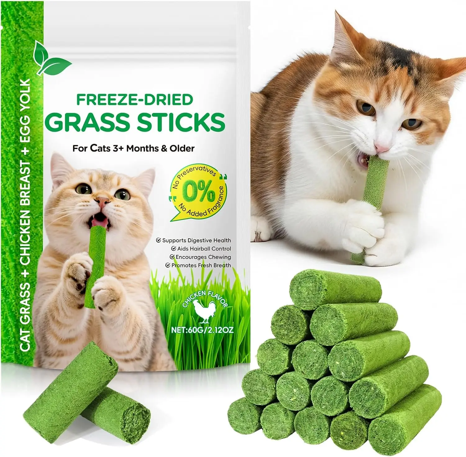 60g Cat Grass Teething Stick for Cat, Freezed Dried Cat Grass Treats Snacks for Cats, Edible Cat Chew Toys for Teeth Cleaning