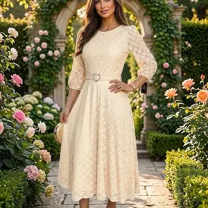 MIDI Blonda Dress - Elegant Lace Design with Heart Belt and 3/4 Sleeves for Special Occasions