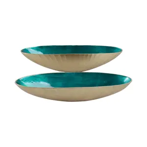 Sagebrook Home 21506-01 20-23 in. Oval Metal Bowl with Enamel, Blue & Gold - Set of 2