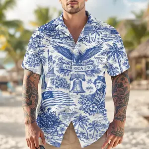America 250 Hawaiian Shirt 1776-2026, Semiquincentennial Patriotic Button Down, USA 250th Anniversary Vintage Blue White Toile Men's Shirt # TikTokMadeMeBuyIt # AmericanStyle # 250Years # Casual Outfit # TrendyTee