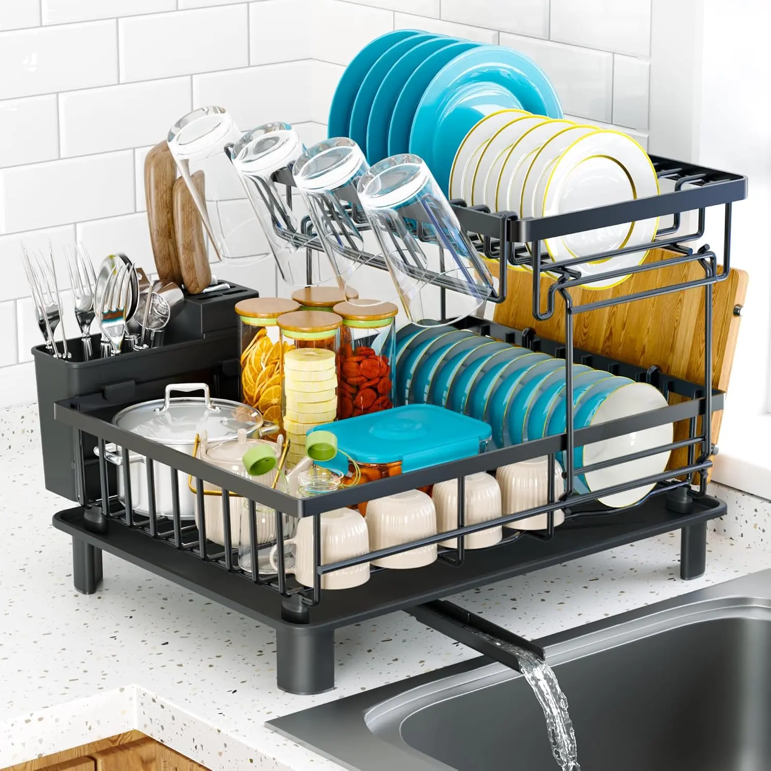 2 Tier Dish Drying Rack for Kitchen Counter, Compact Rust Resistant Dish Drainer with Drainboard, Detachable Space Saving Dish Rack with Utensil Holder, Durable Kitchen Organization Dish Rack for Plates Cups and Bowls