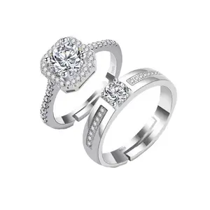 Luxury Adjustable Halo Engagement Ring Set |   Timeless Moissanite Couple Rings for Him & Her |   Diamond-Like Sparkle, Perfect Fit Promise & Wedding Bands