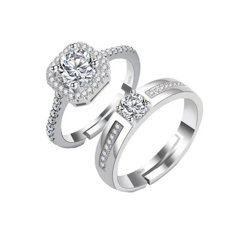 Luxury Adjustable Halo Moissanite Engagement Ring Set - Timeless Couple Rings for Him & Her, Diamond-Like Sparkle, Perfect Fit, Promise & Wedding Bands, Luxury Rings, Diamond-Set Rings