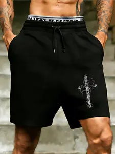 Thorn Cross Dark Gothic Shorts, Subculture Religious Drawstring Sweat Shorts, Men's Streetwear Casual Athletic Shorts