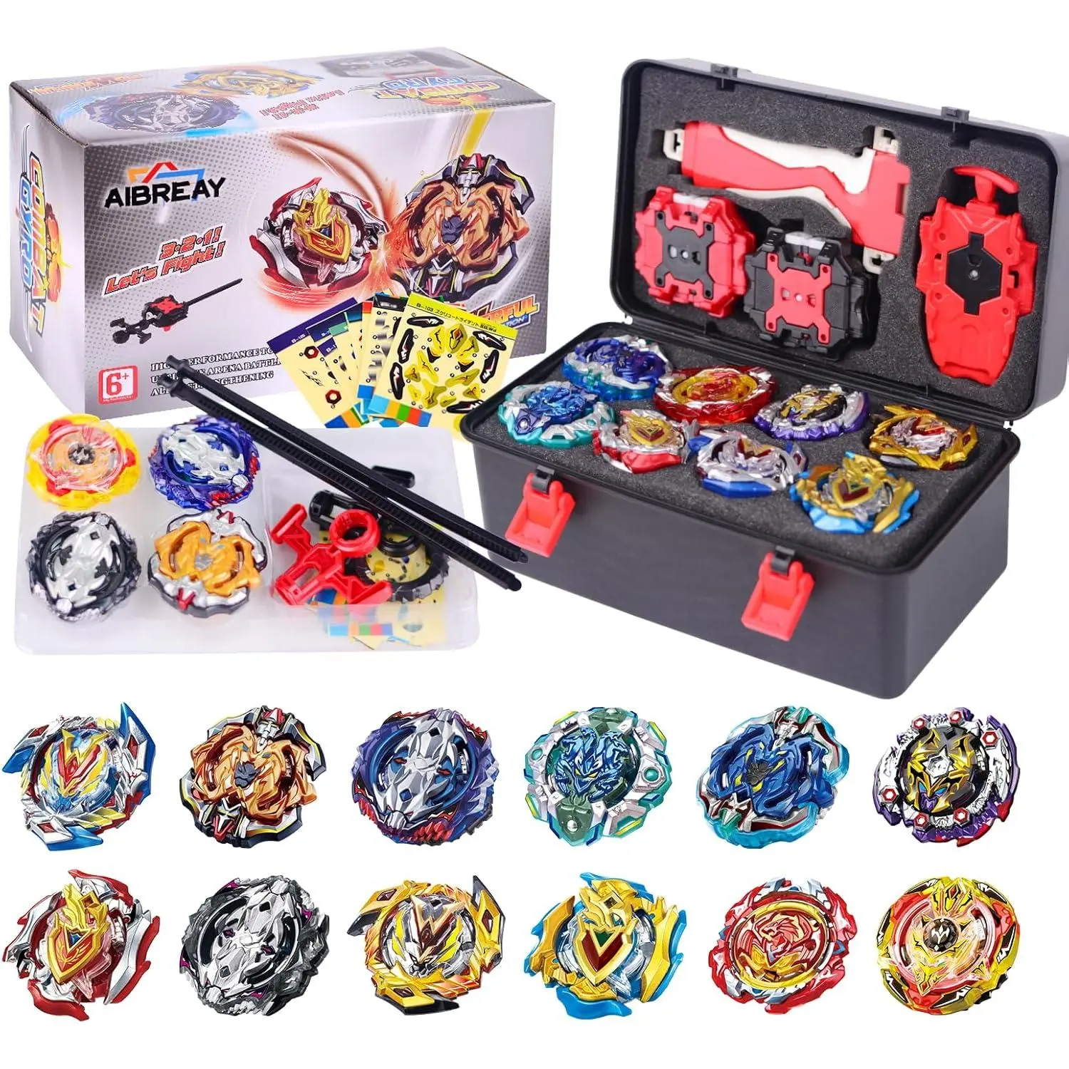 Battling Top Burst Gyro Toy Set 12 Spinning Tops 3 Launchers 1 Grip Toy Combat Battling Game with Portable Storage Box Gift for Kids Children Boy and Girl Ages 6+- top toy bay  blade beyblade  burst  rise Metal Fusion BeyBattle Set with Launchers