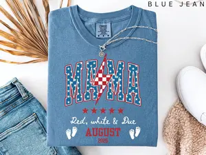 Comfort Color 4th of July Pregnancy Announcement Shirt, American Mama, Red White and Due, Patriotic Maternity Tee, July Fourth Shirt for Mom to Be